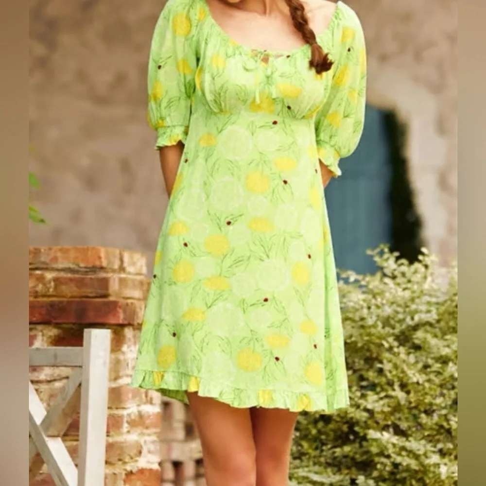 ModCloth Dandelion Ladybug Puff Sleeve Mini Dress XS Green Cottagecore Boho NWT